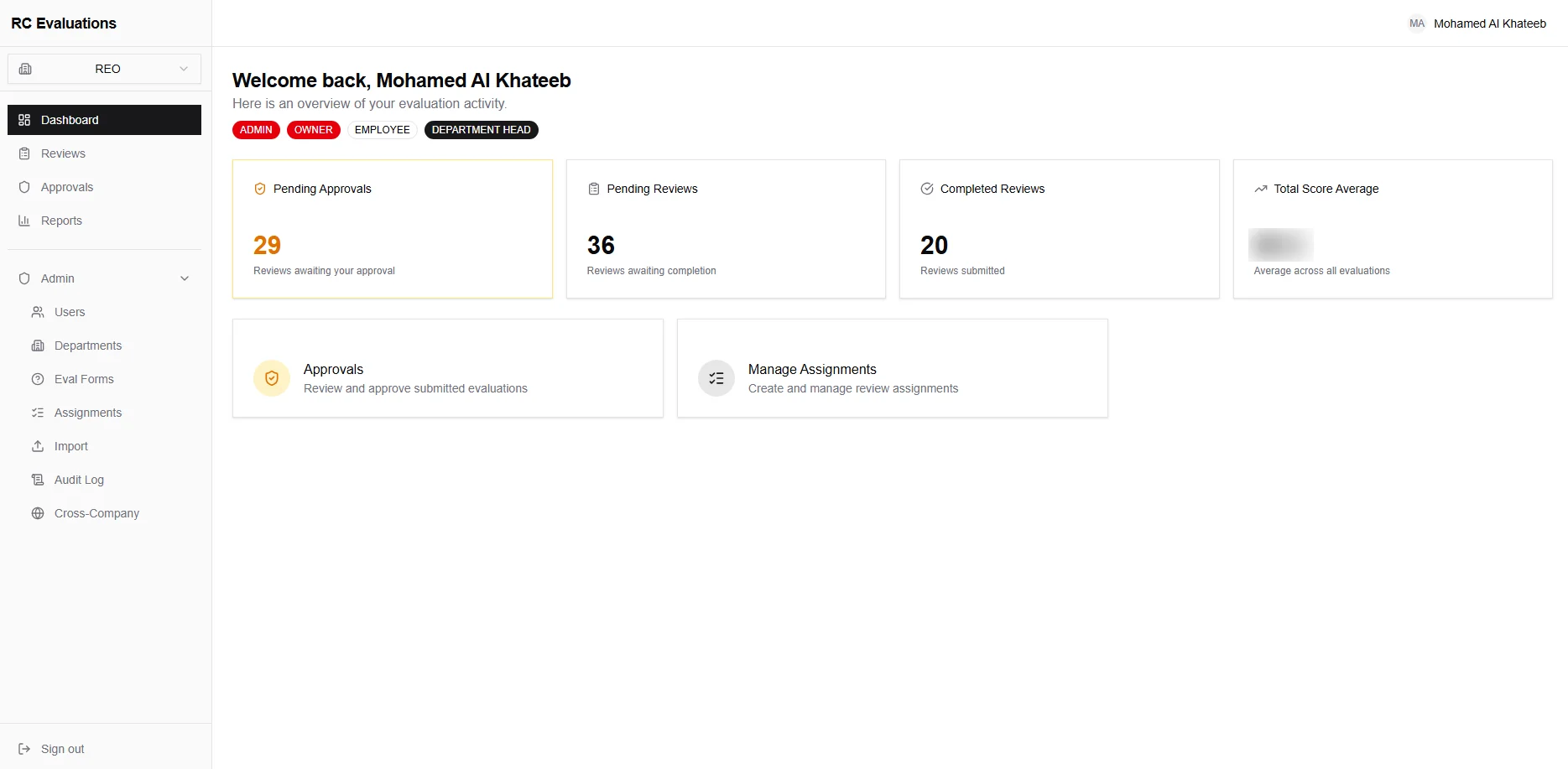 Evaluations dashboard with approval queues