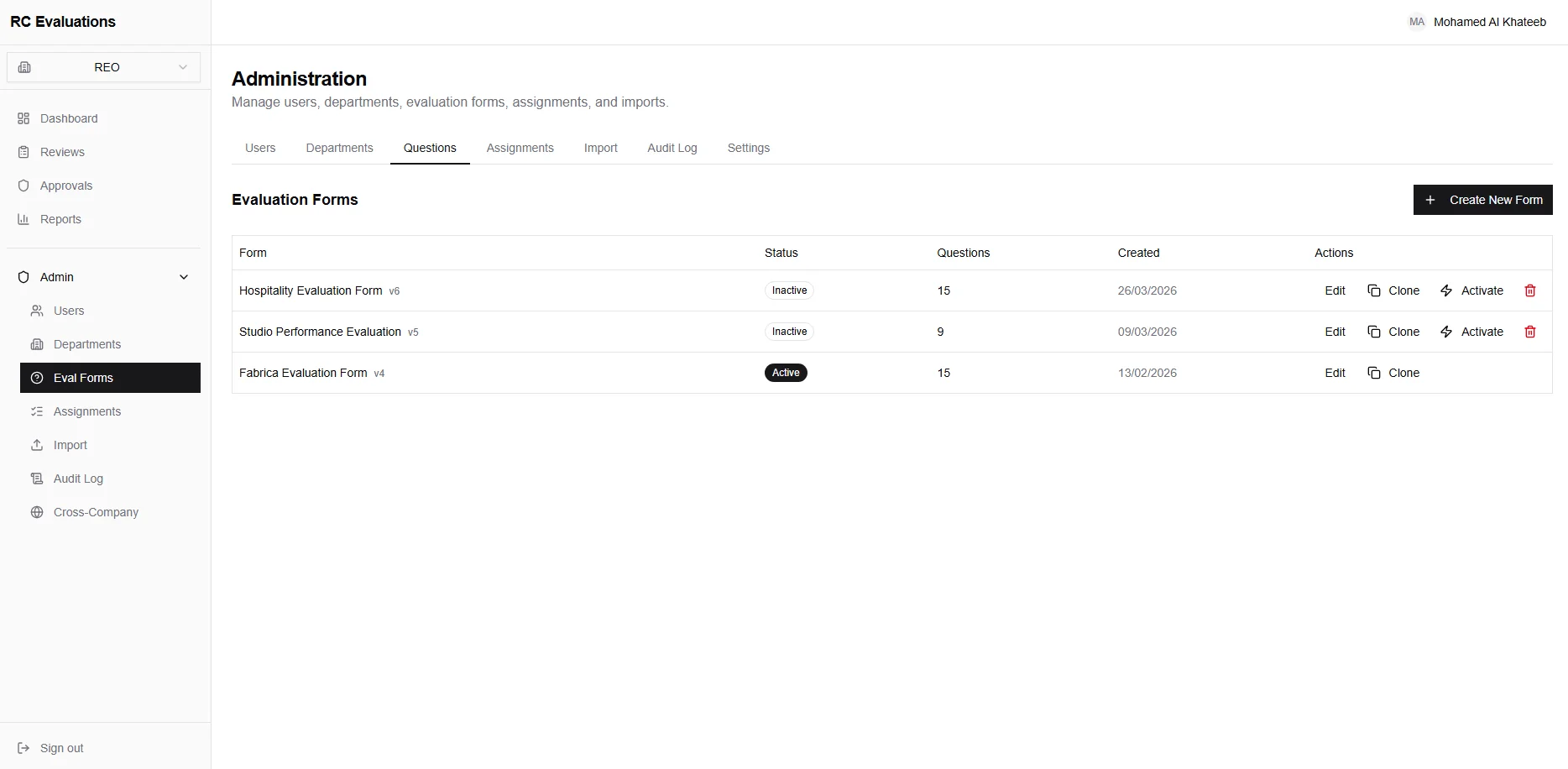 Administration screen with versioned evaluation forms per company, active and inactive states