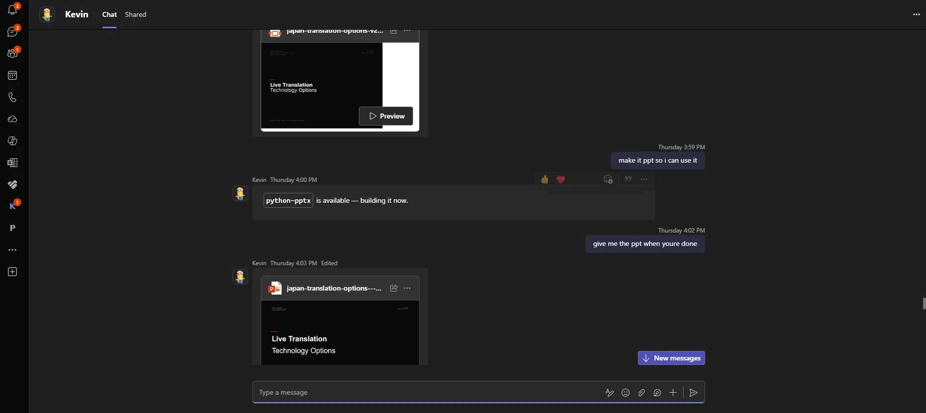A Teams exchange where a plain-language request produces a real PowerPoint deck delivered in chat