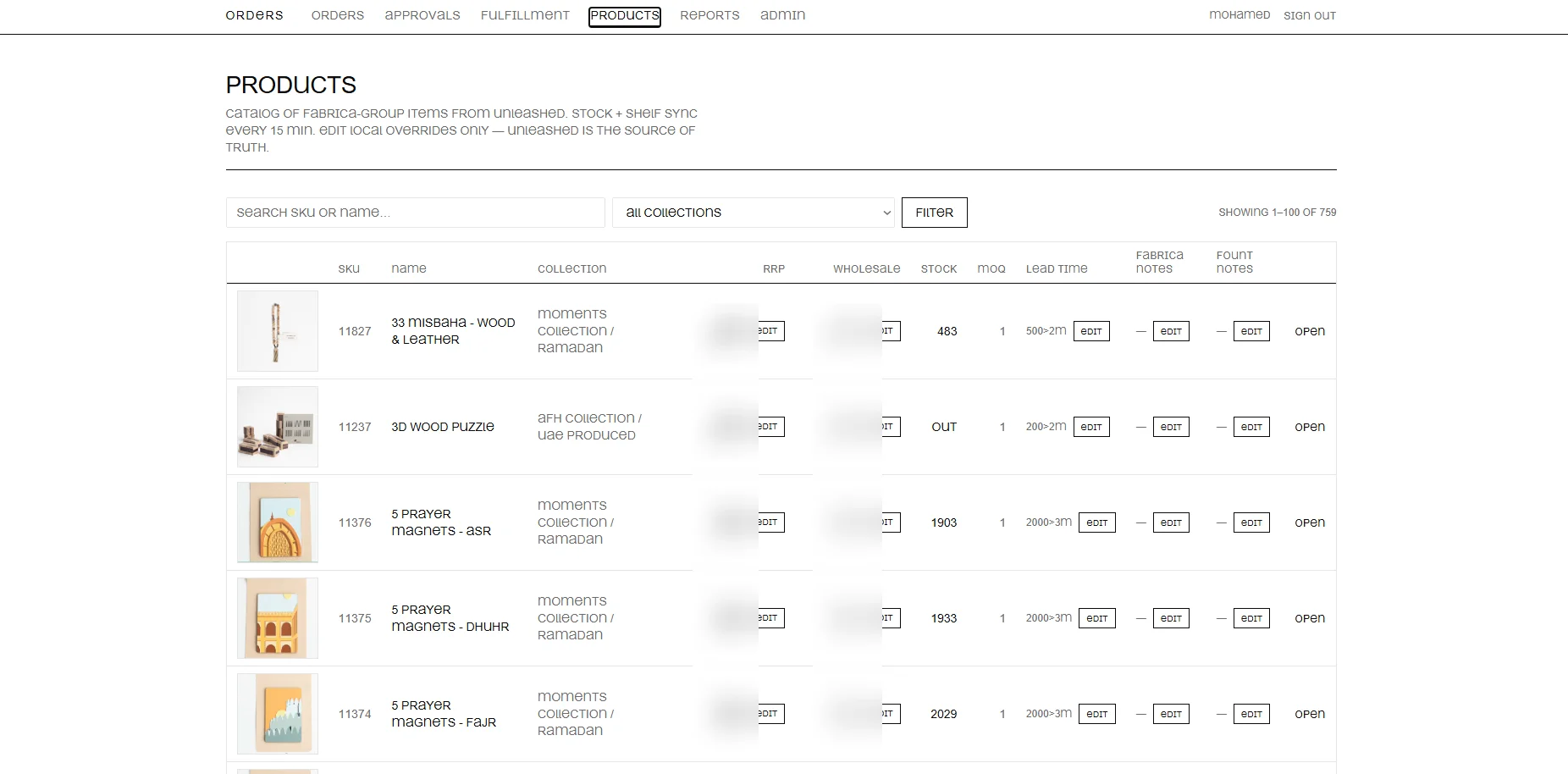 Wholesale product catalogue with live stock, lead times and per-shop notes, wholesale prices redacted