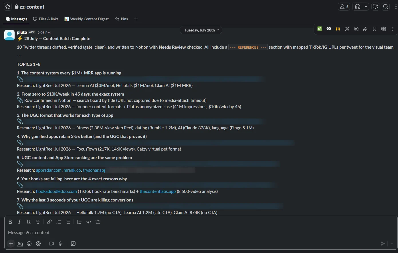Pluto posting a completed content batch to Slack: ten drafted threads with research citations and Notion links