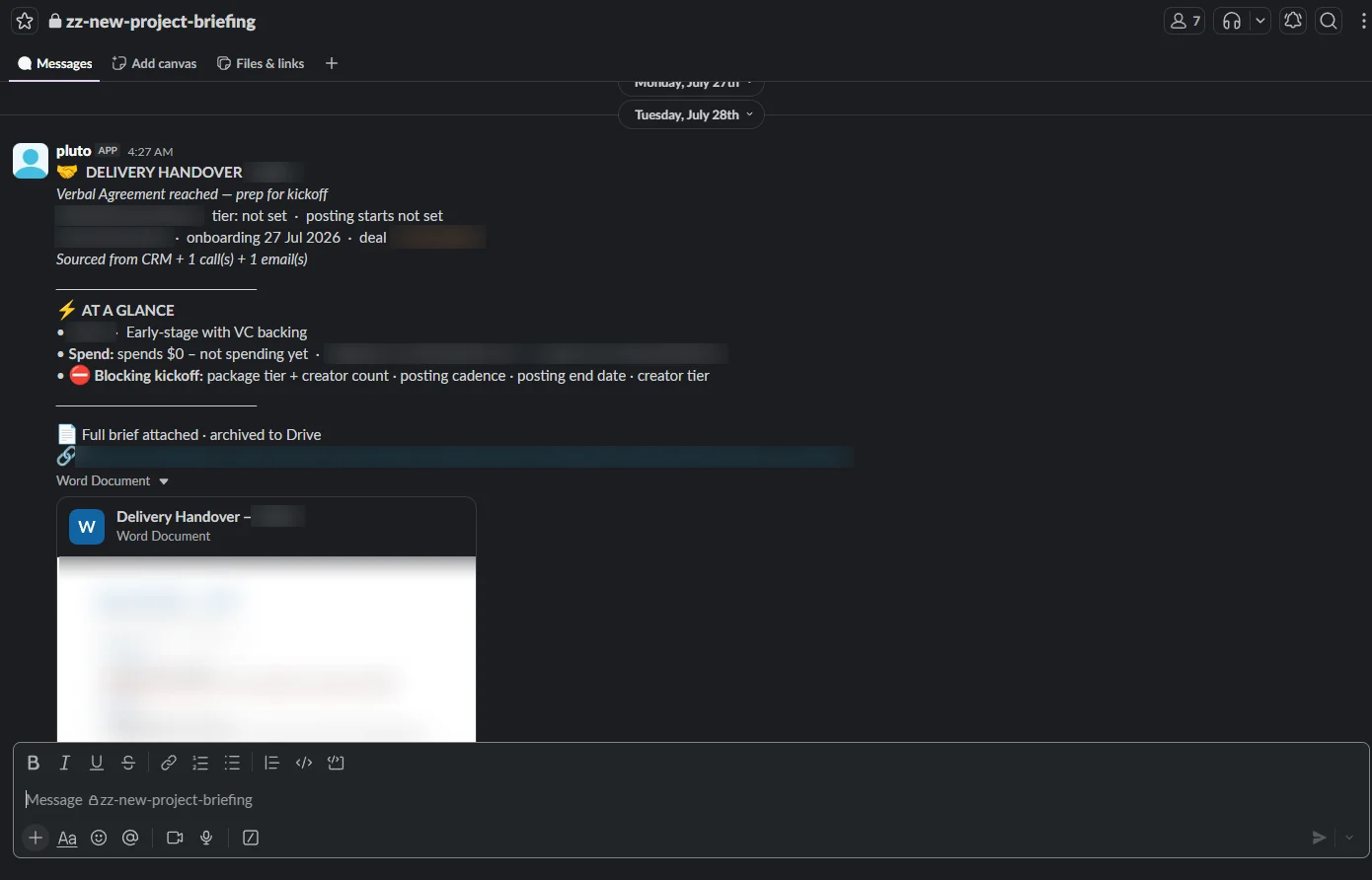 Pluto posting an automated delivery handover in Slack, details redacted