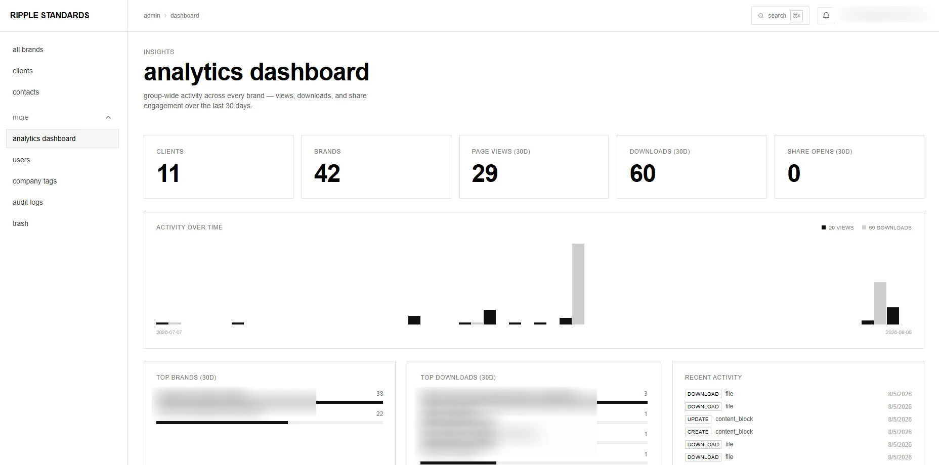 Group-wide analytics dashboard with clients, brands, page views, downloads and activity over time, names redacted