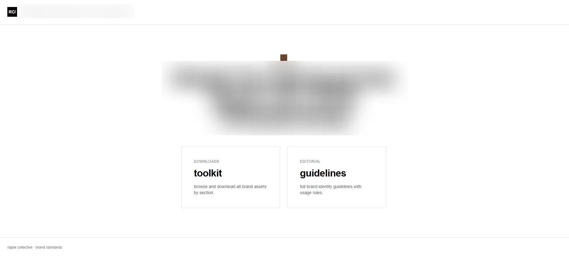 A client-facing brand landing page with toolkit and guidelines entry cards, brand name redacted