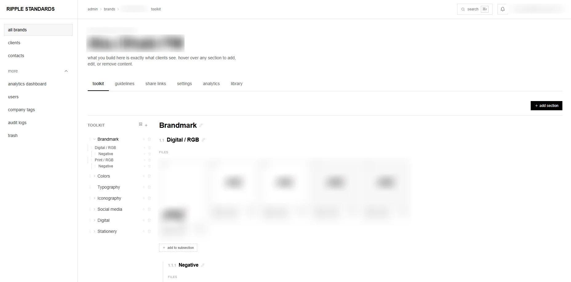 The Ripple Standards brand toolkit editor, identity redacted