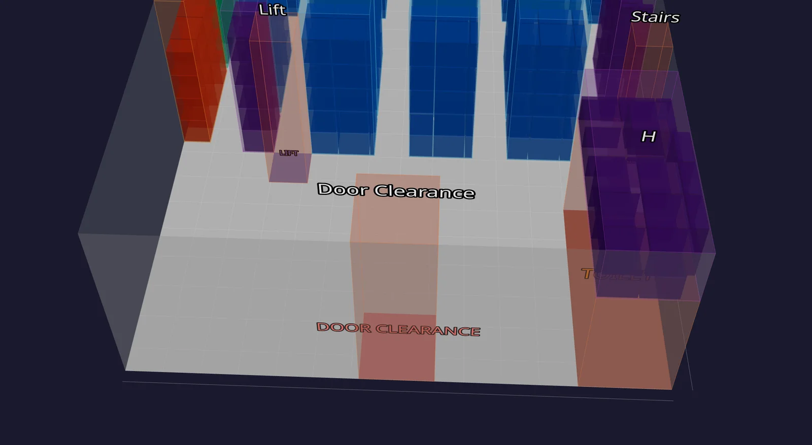 3D voxel warehouse model with clearance zones